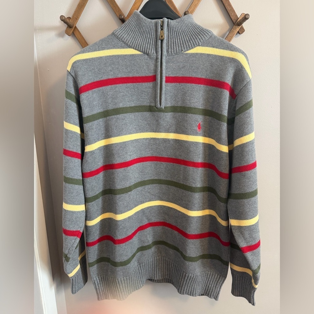 Vintage Polo Ralph Lauren Striped 1/4 Zip Cotton Sweater Grey Large small flaw